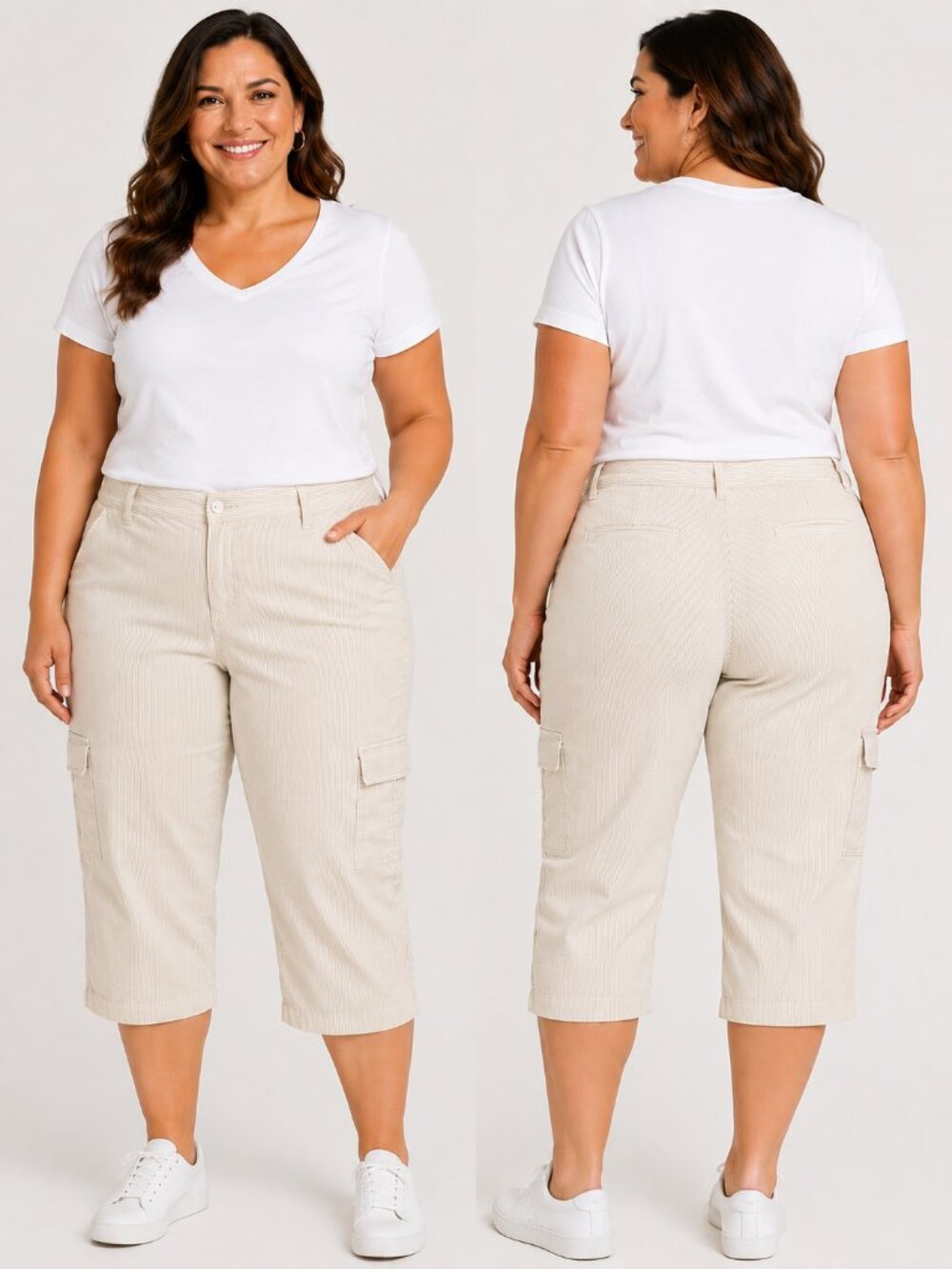Style & Co. Beige & White Striped Capri's Ends at Calf Stretch Pockets